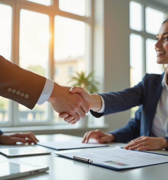 Professionnel serrant la main d'un recruteur dans un bureau lumineux