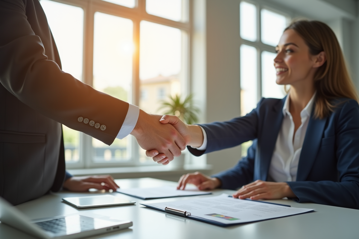 Professionnel serrant la main d'un recruteur dans un bureau lumineux