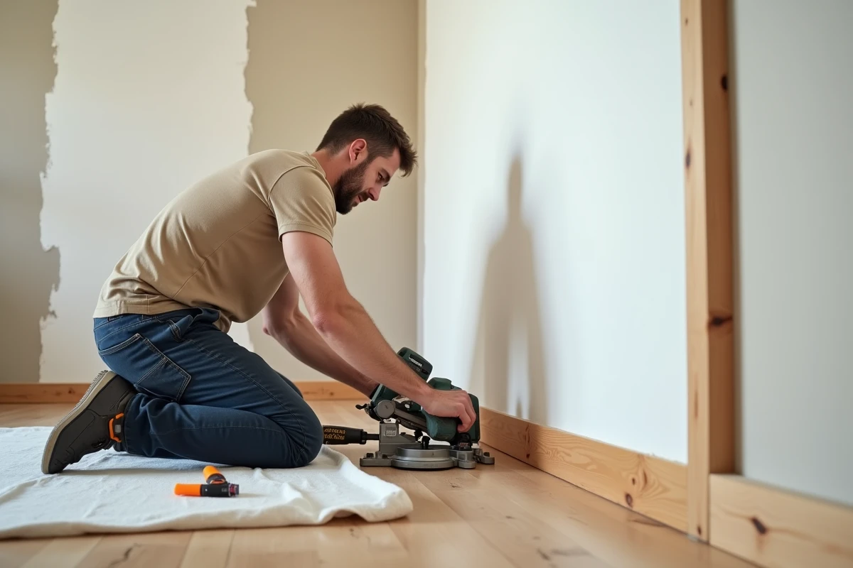 Homme installant une plinthe en bois dans un salon en cours de rénovation, résultat concret d'un apprentissage via des cours de bricolage en ligne