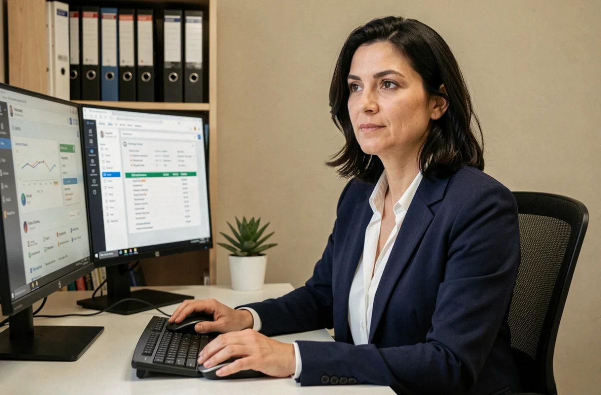 Responsable administrative gérant l'organisation d'équipe sur un poste de travail avec double écran affichant un tableau de bord de connexion multi-utilisateurs