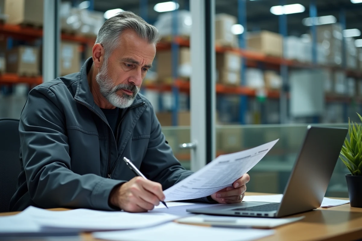 Responsable logistique vérifiant les délais de renouvellement CACES 1 et 3 sur un planning imprimé dans un bureau d'entrepôt