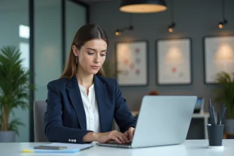 Responsable RH de NEOMA Business School consultant la plateforme Neomagora sur un ordinateur portable dans un bureau moderne