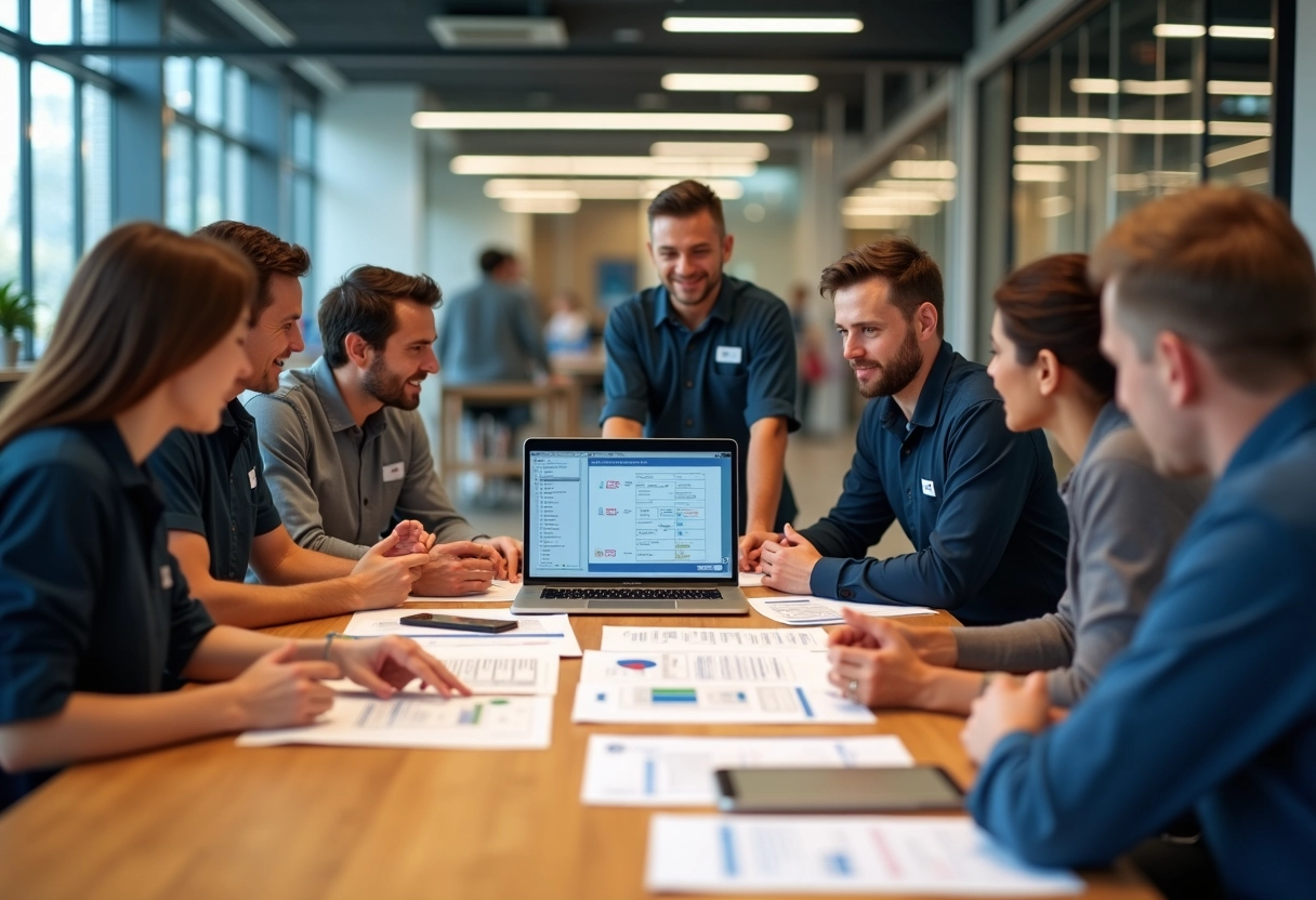 Groupe diversifié de collaborateurs discutant autour d