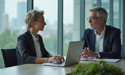 Deux adultes en réunion dans un bureau moderne