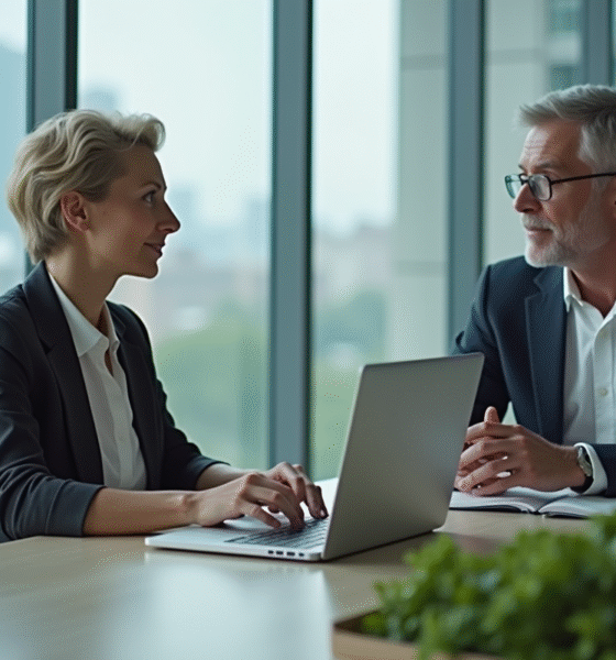Deux adultes en réunion dans un bureau moderne