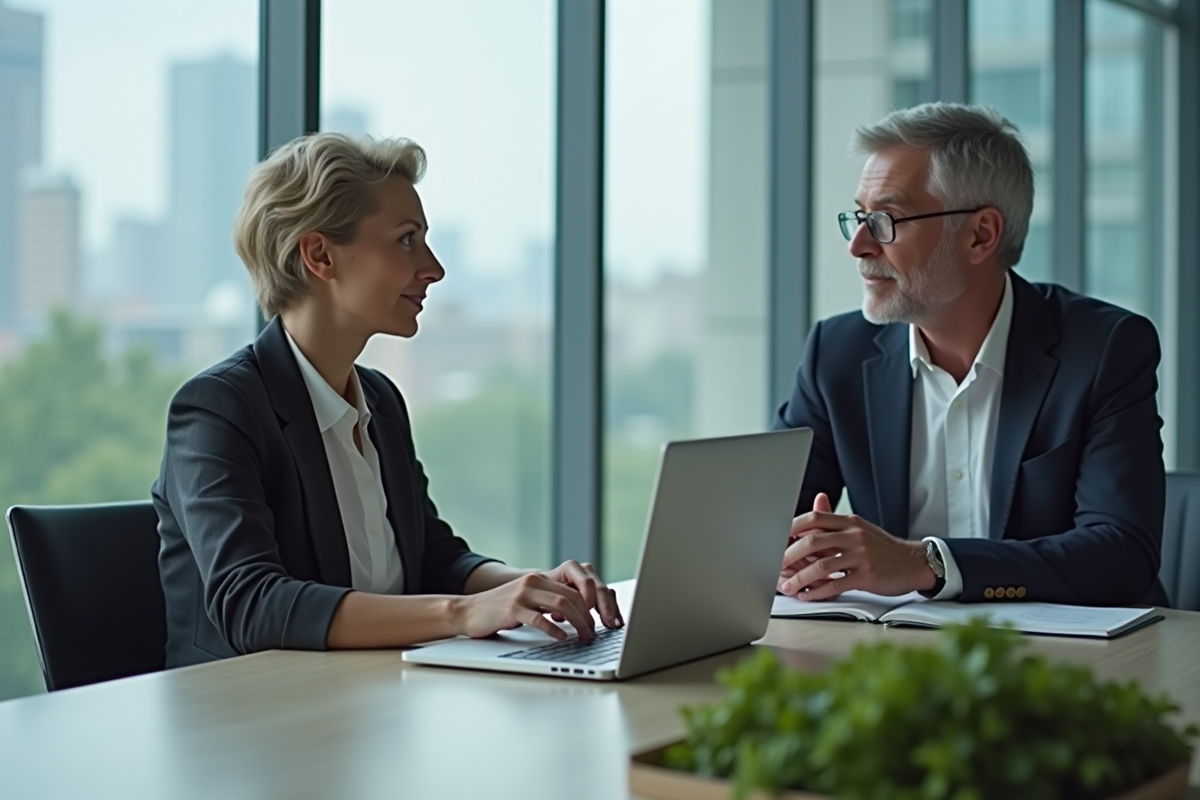 Deux adultes en réunion dans un bureau moderne