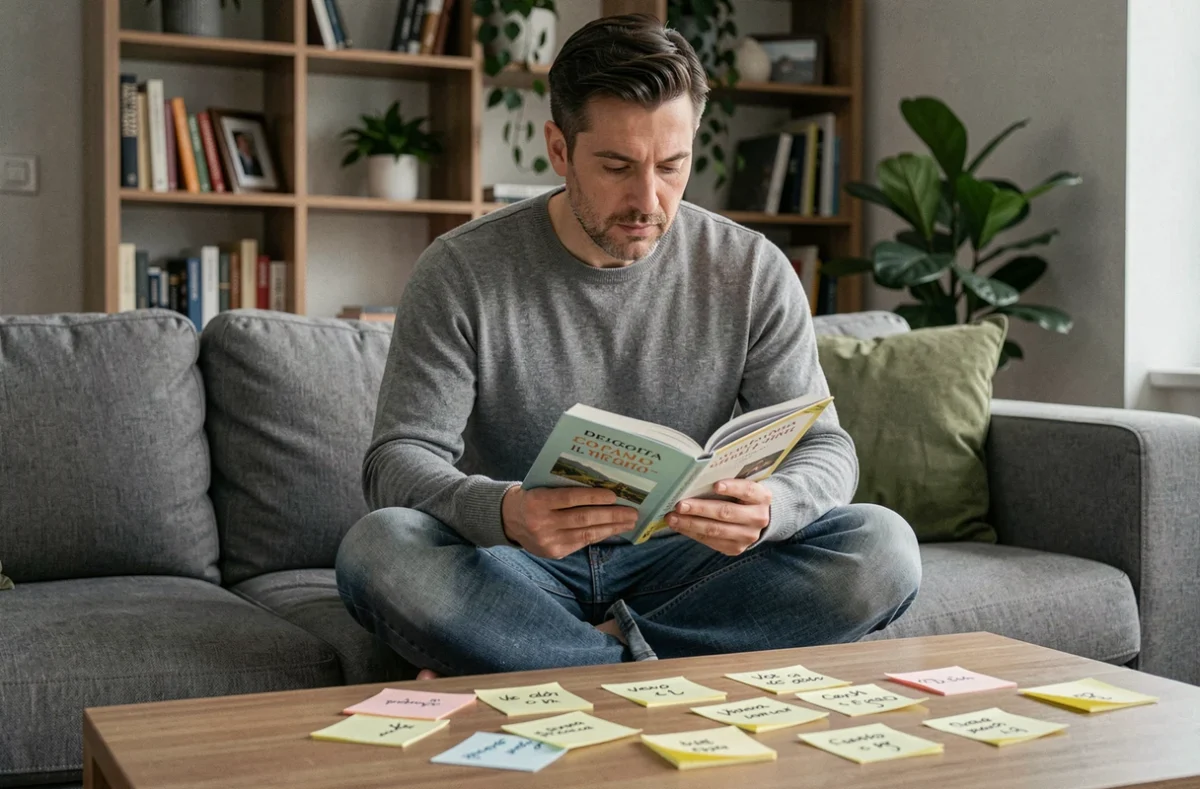 Homme adulte révisant des conjugaisons espagnoles à l'imparfait avec des fiches sur une table basse