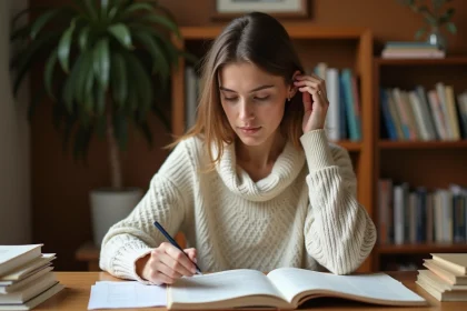 Jeune femme révisant le passé simple du verbe choisir dans des livres de grammaire française ouverts sur un bureau en bois