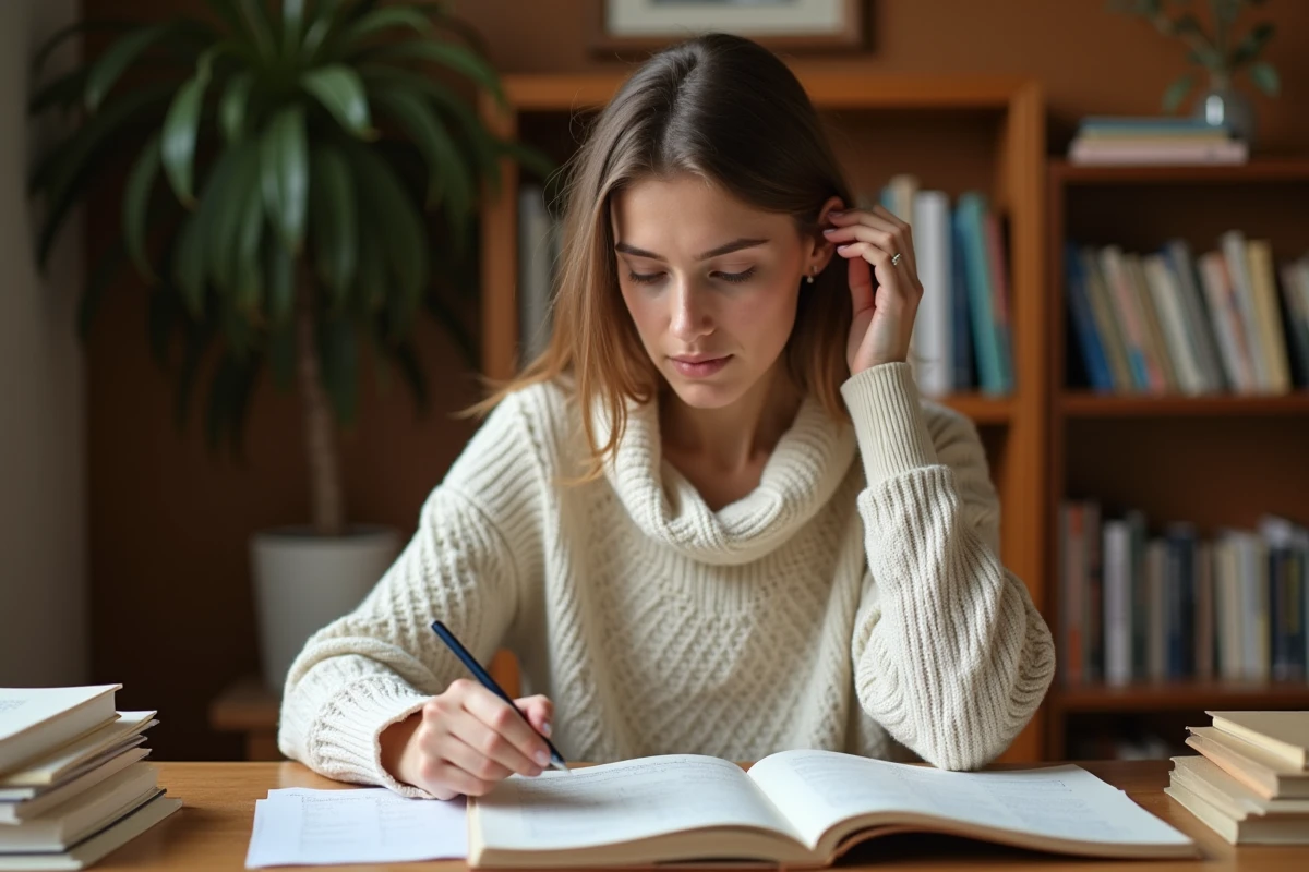 Jeune femme révisant le passé simple du verbe choisir dans des livres de grammaire française ouverts sur un bureau en bois