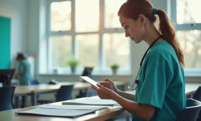 Sage-femme étudiant des notes sur une tablette dans une salle lumineuse
