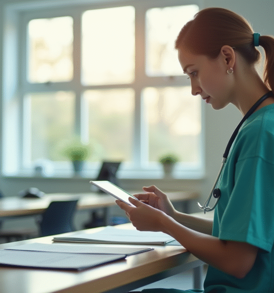 Sage-femme étudiant des notes sur une tablette dans une salle lumineuse