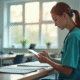 Sage-femme étudiant des notes sur une tablette dans une salle lumineuse