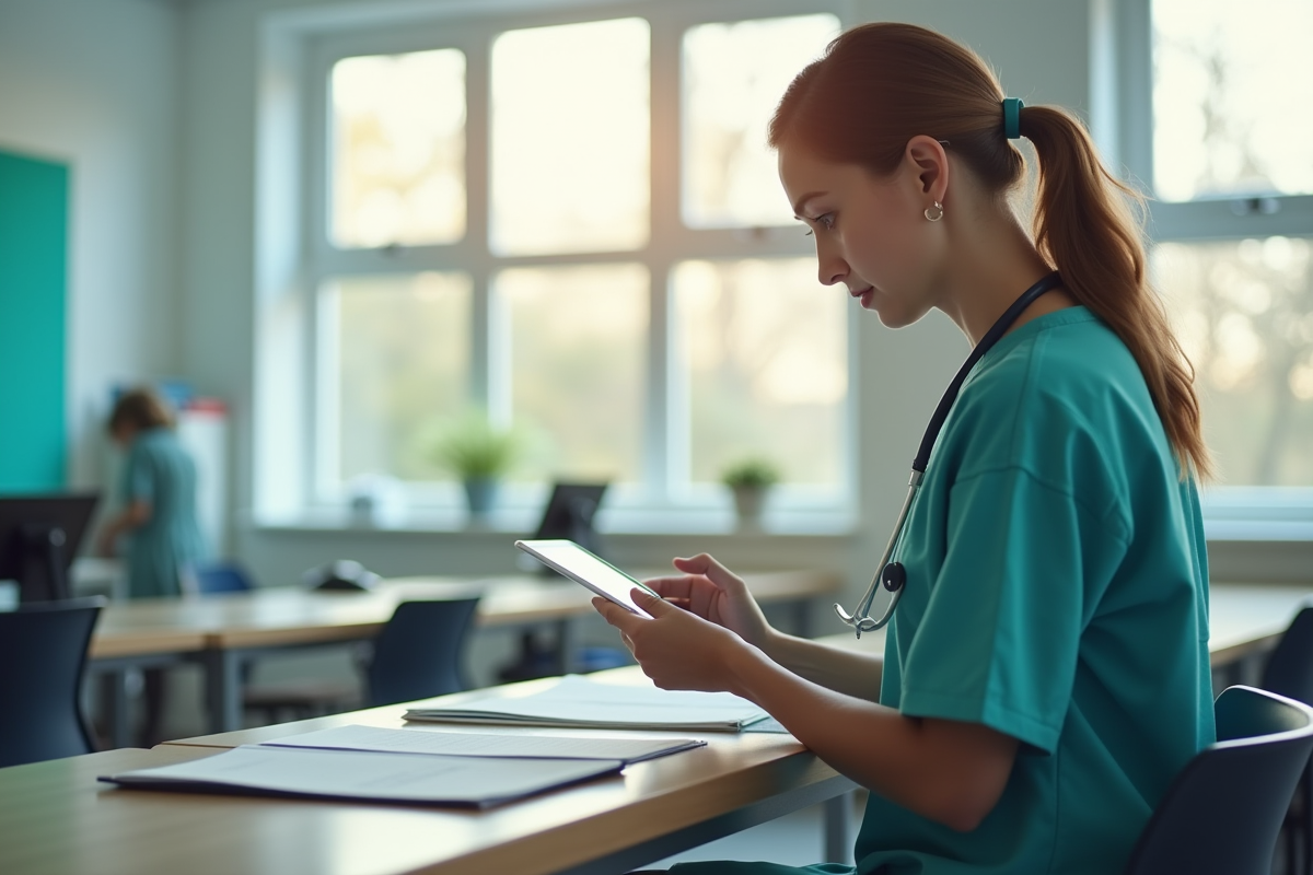 Sage-femme étudiant des notes sur une tablette dans une salle lumineuse