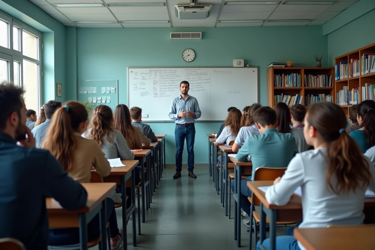Salle de classe surchargée dans un grand lycée français avec un enseignant et des élèves