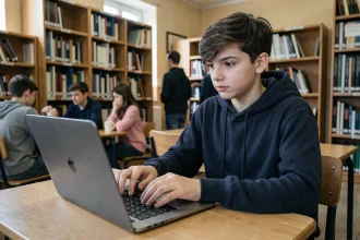 Élève de lycée sécurisant son compte ENT91 Mon Lycée sur un ordinateur portable en bibliothèque scolaire