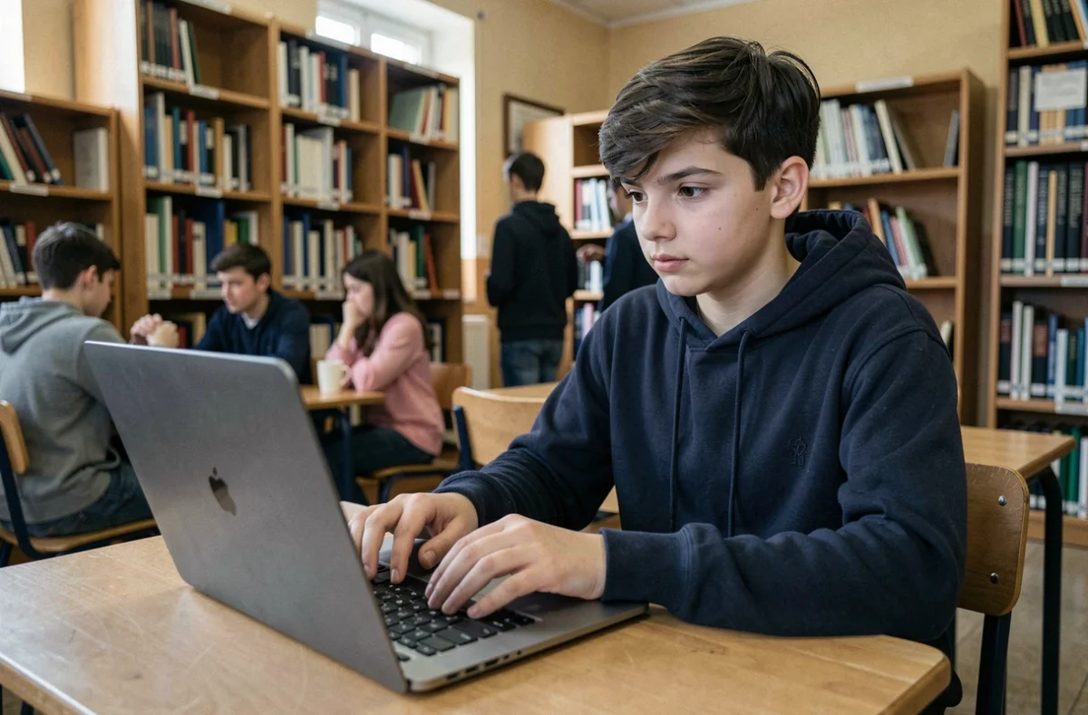 Élève de lycée sécurisant son compte ENT91 Mon Lycée sur un ordinateur portable en bibliothèque scolaire