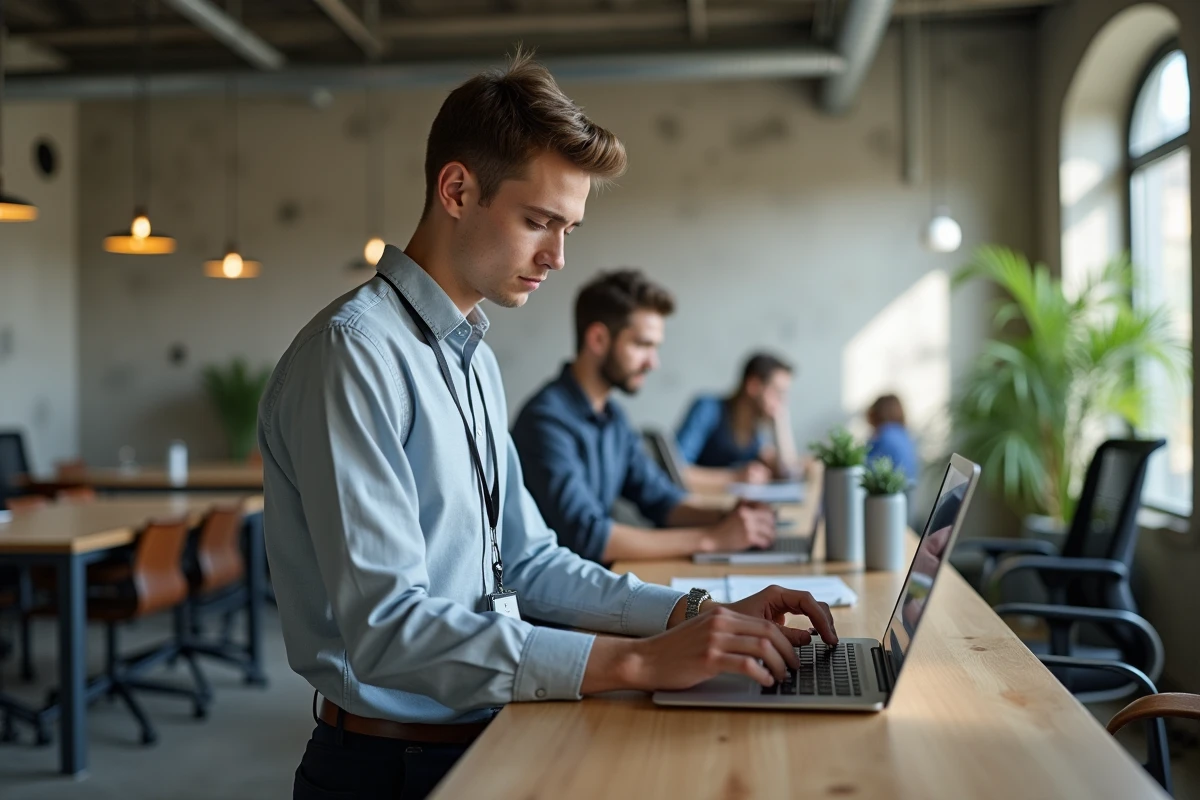 Jeune stagiaire travaillant sur un ordinateur portable dans un espace de co-working moderne après une formation à l'Académie Tic et Tac