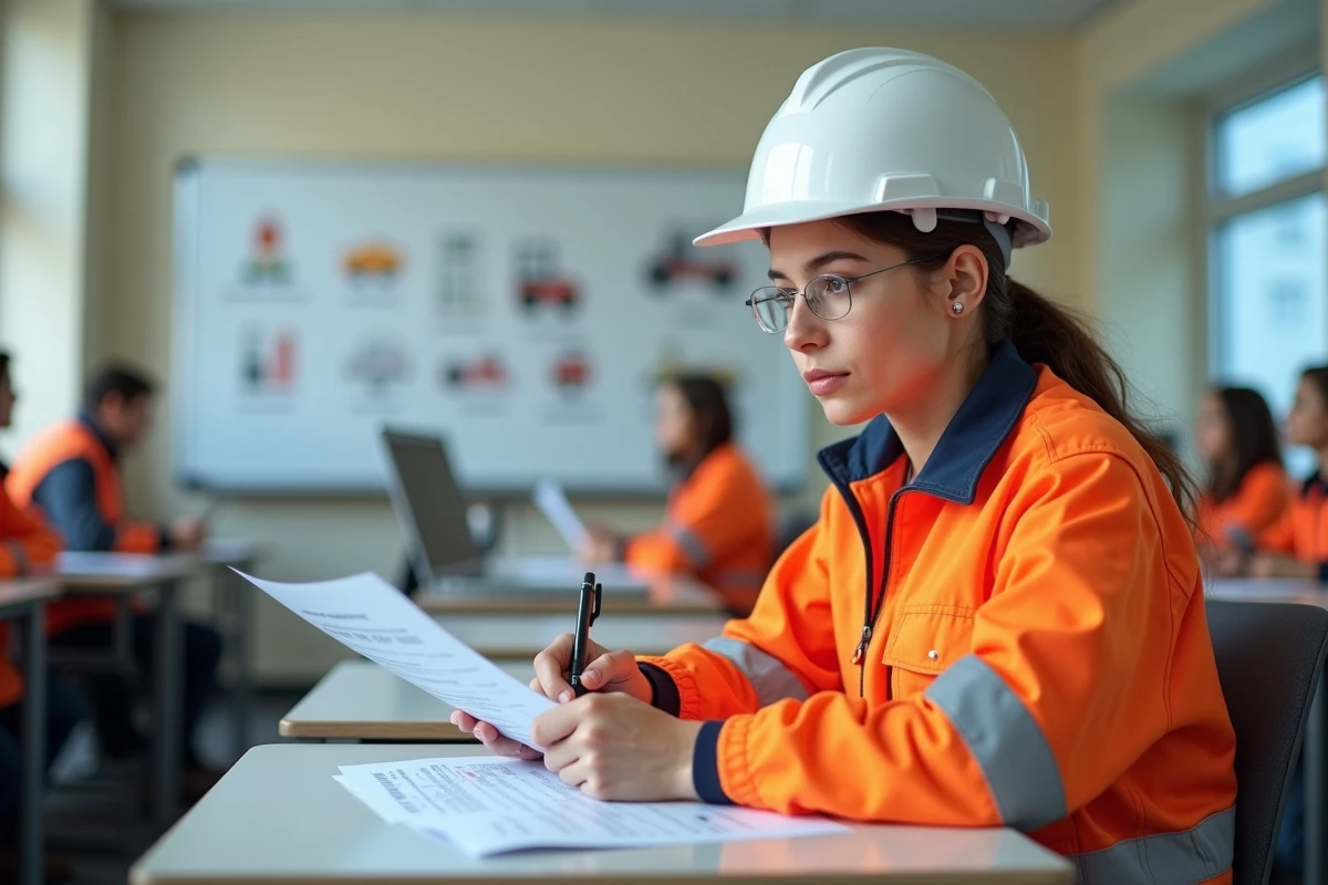 Stagiaire femme révisant le manuel de formation CACES 1 et 3 dans une salle de cours professionnelle