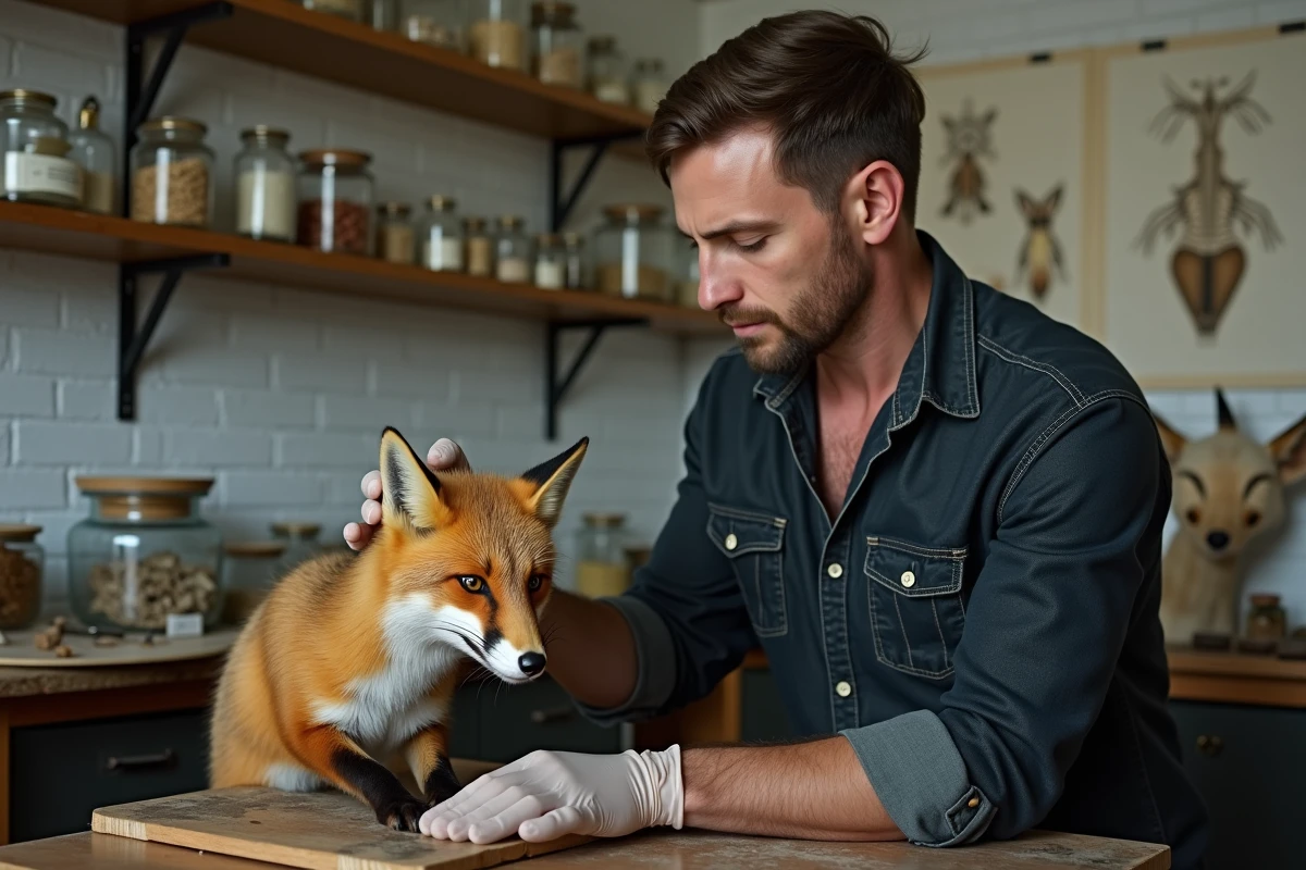 Taxidermiste professionnel préparant un spécimen de renard dans un atelier de conservation naturaliste