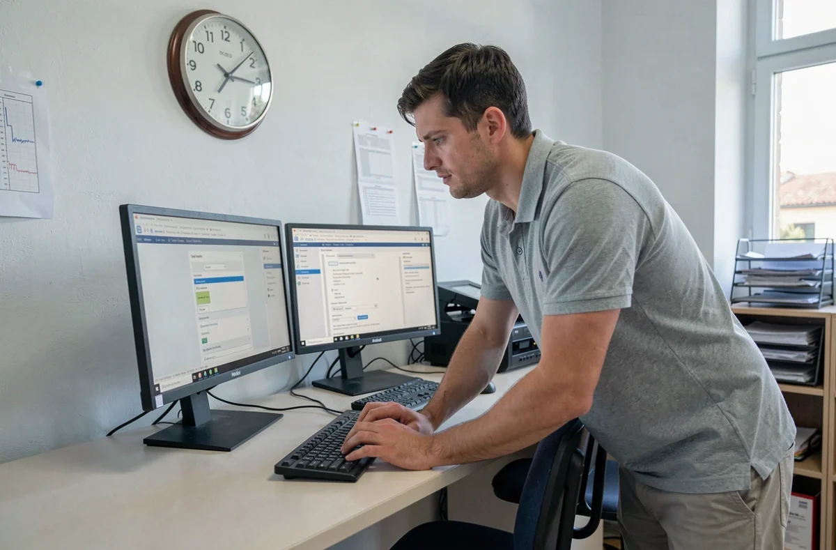 Technicien informatique installant Esterel Académie Aix Marseille sur un poste de travail dans une salle administrative scolaire