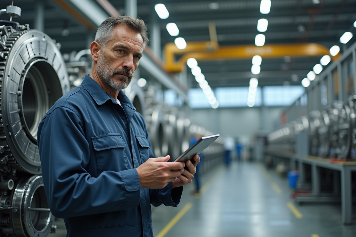 Technicien inspectant une machine avec une tablette