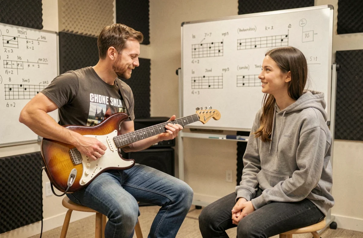 Un professeur de guitare électrique et son élève lors d'un cours à Top Music Lyon