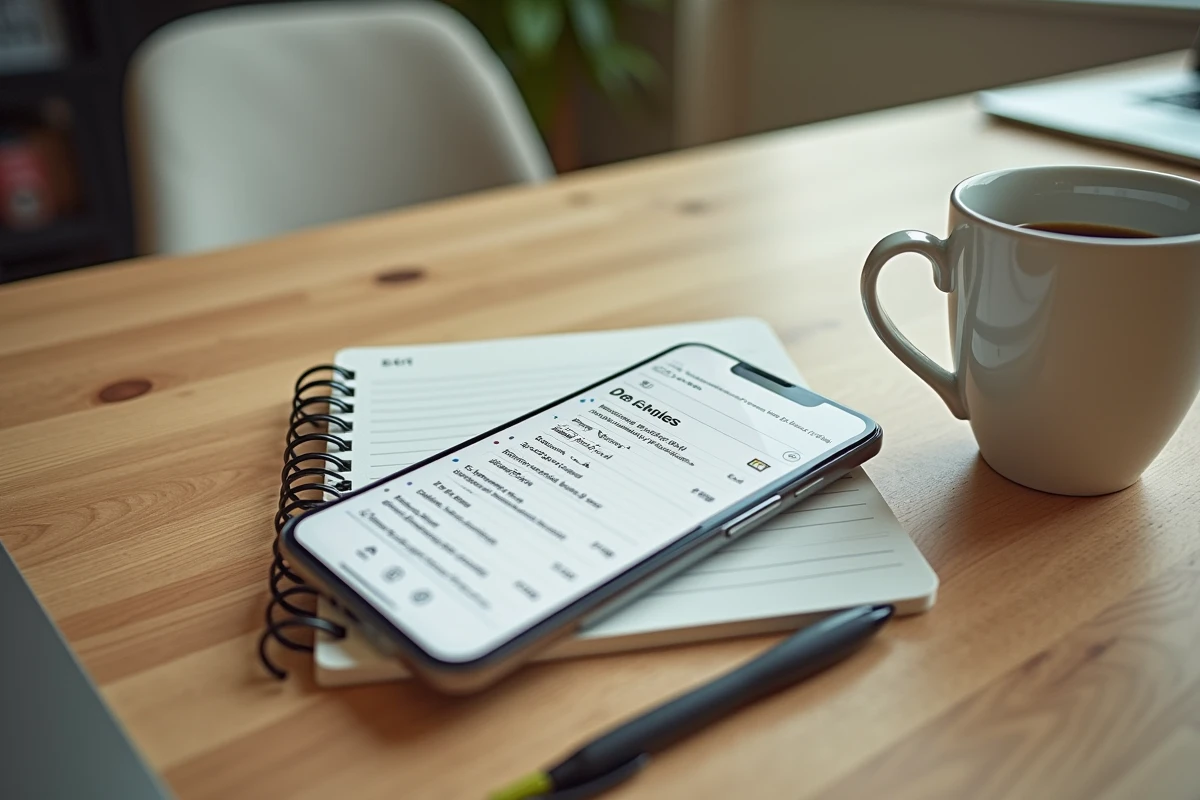 Bureau en bois avec smartphone affichant une boîte de messagerie professionnelle, carnet de notes et café