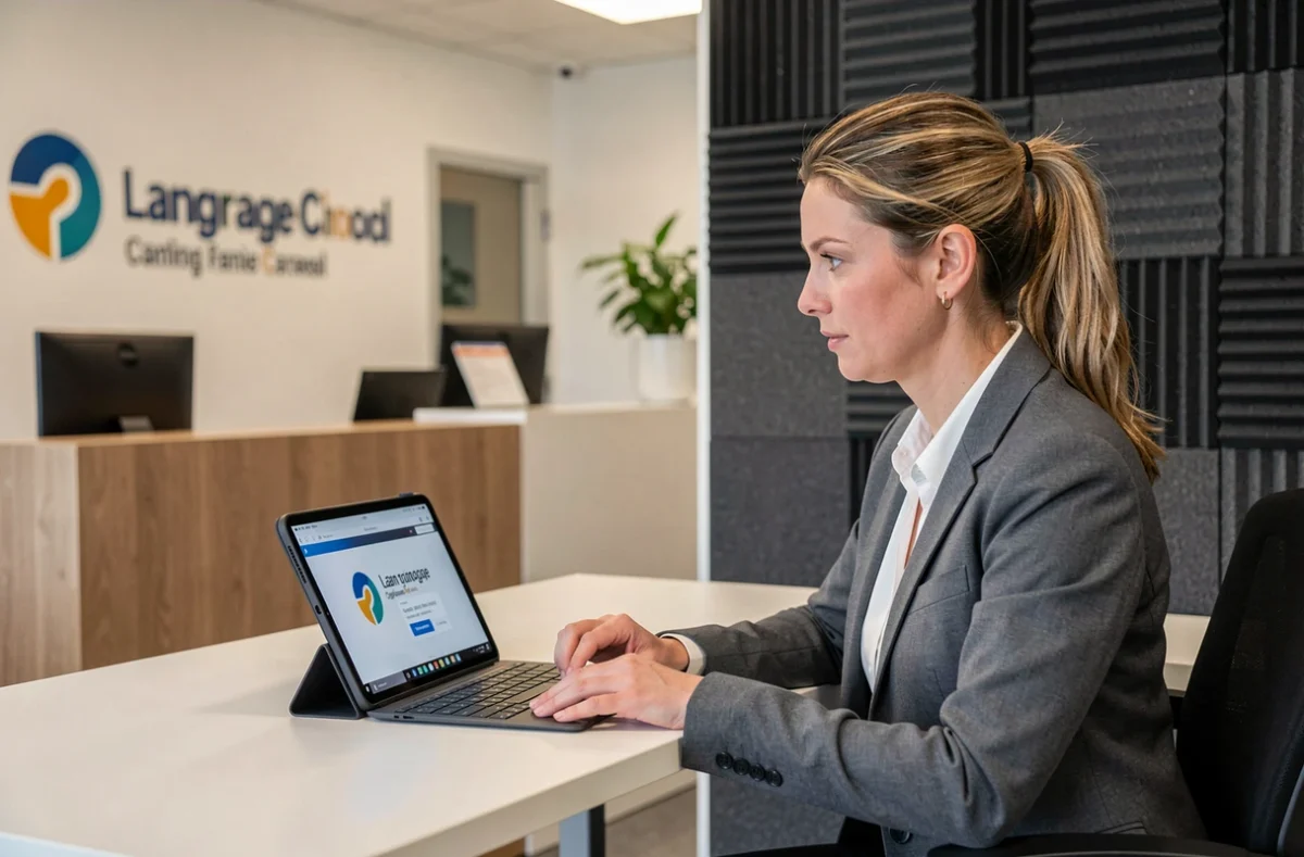 Femme adulte suivant un cours d'anglais professionnel dans un centre Wall Street English à Caen